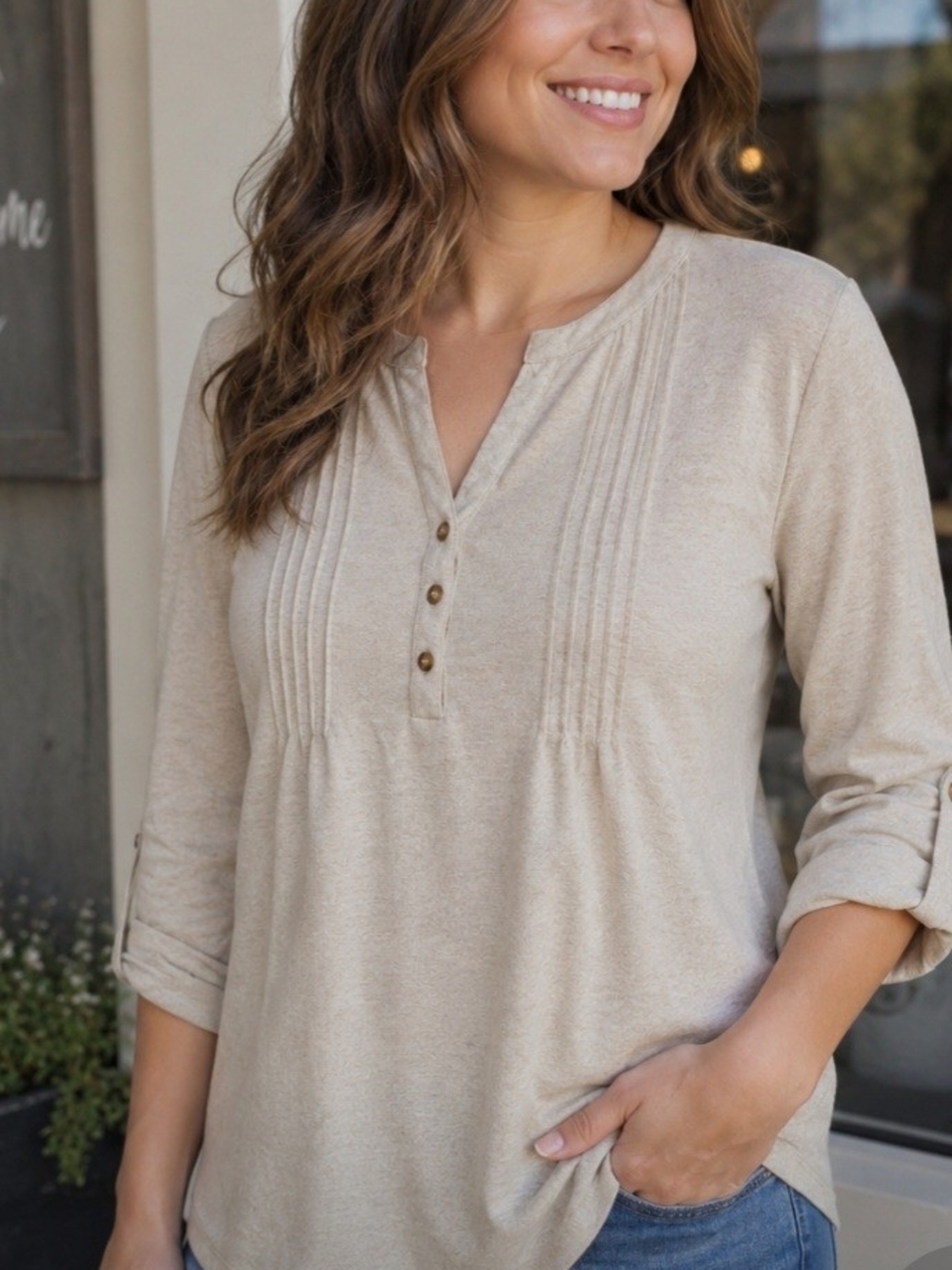 Notations Woman Split V-Neck Henley In Oatmeal Size 1X Pintuck Detail